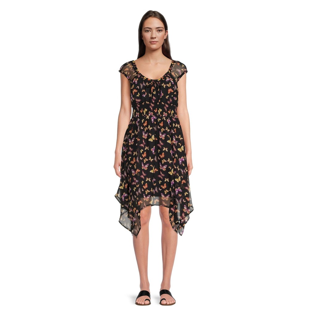 No Boundaries Hanky Hem Dress Juniors L 11-13 Black Butterfly Print